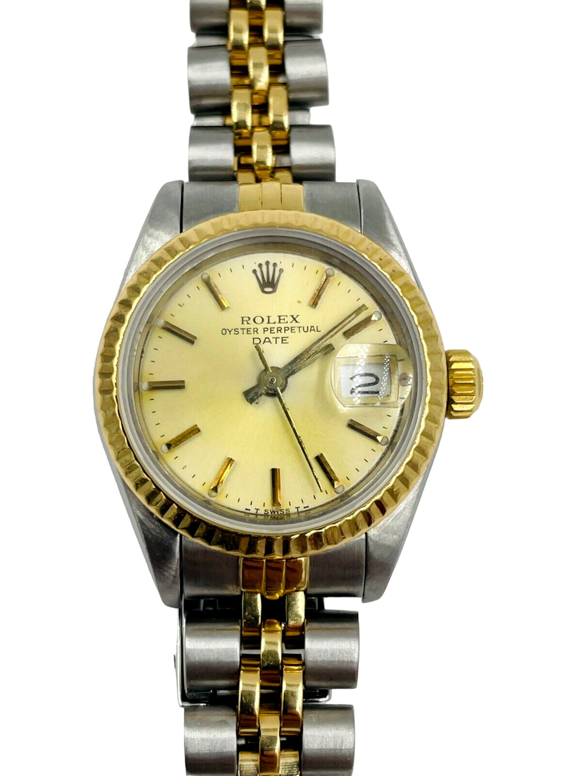 Rolex Date Ladies 2Tone 18K Gold & Stainless Steel Watch Champagne Dial 69173