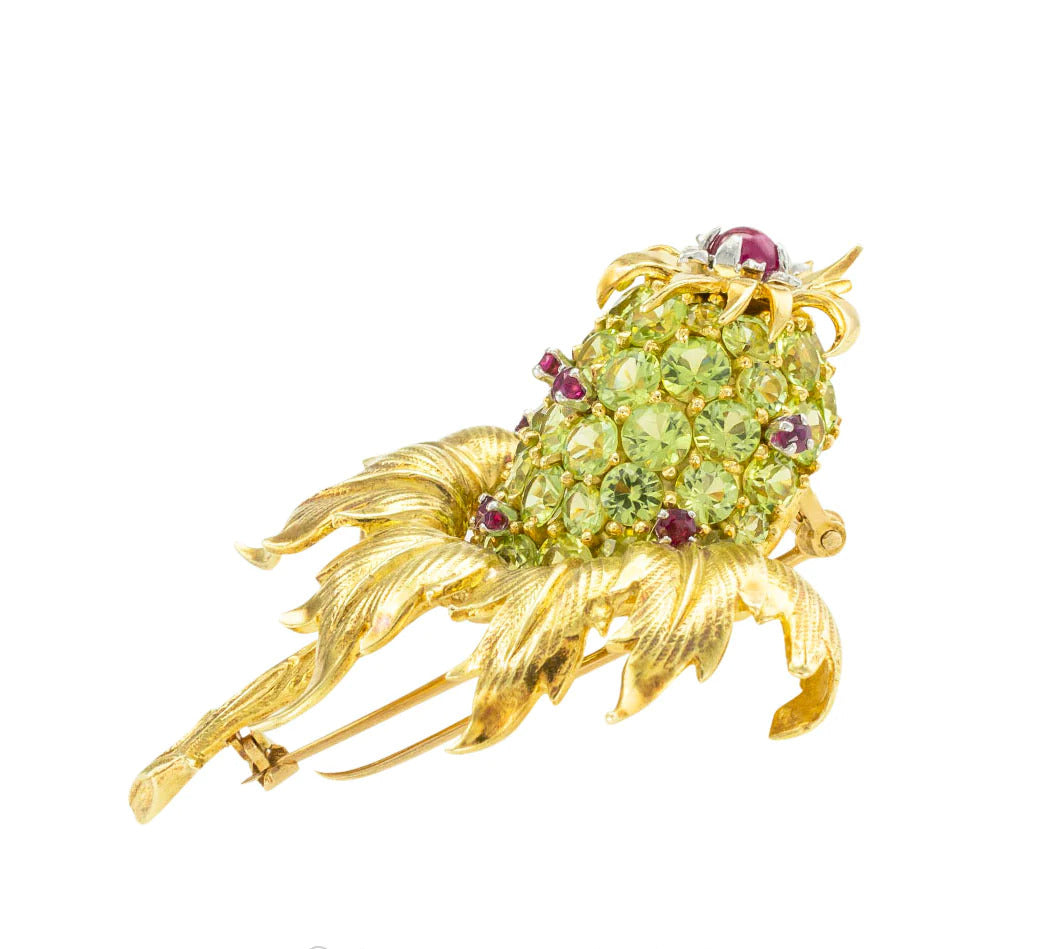 Tiffany Schlumberger Thistle Clip Brooch Peridot Ruby Yellow Gold