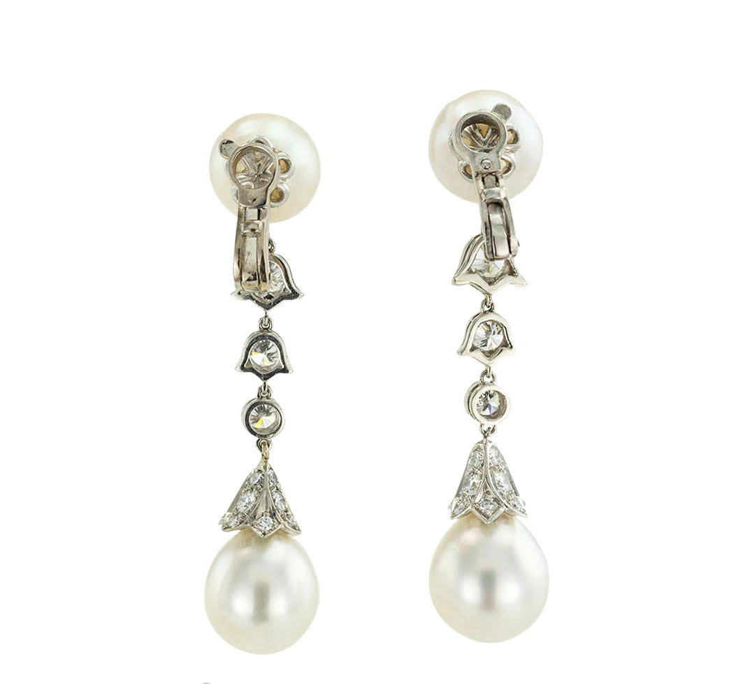 Cartier South Sea Pearl Diamond Platinum Drop Earrings