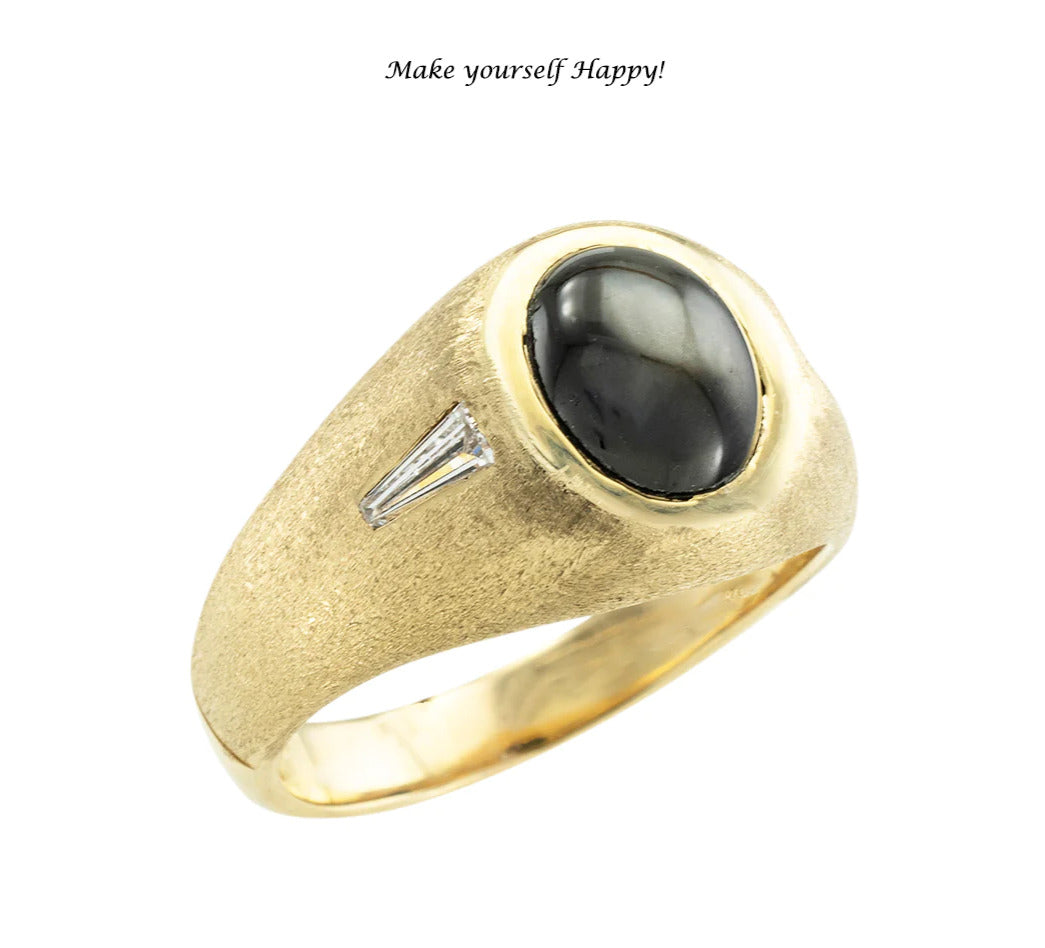 Black Star Sapphire Diamond Yellow Gold Ring Men's