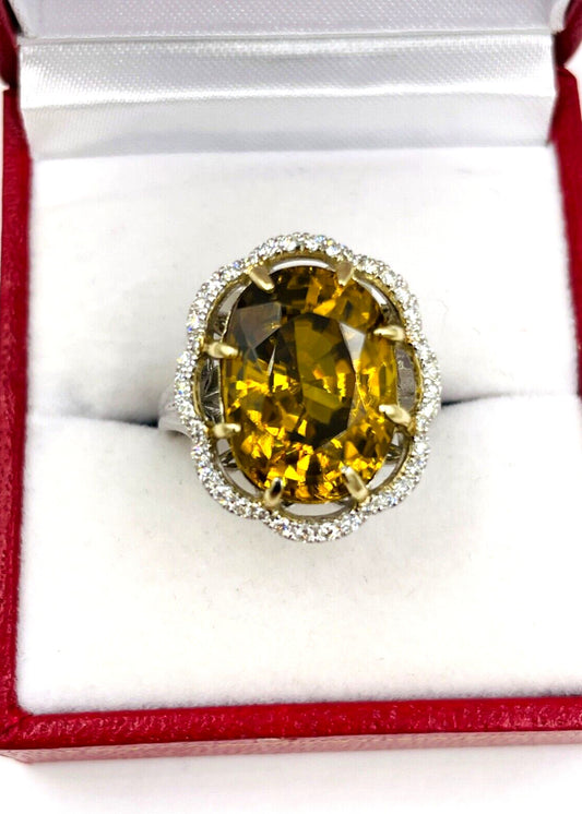 Stunning 12.4cts Natural Yellow Zircon diamond halo Cocktail ring White Gold