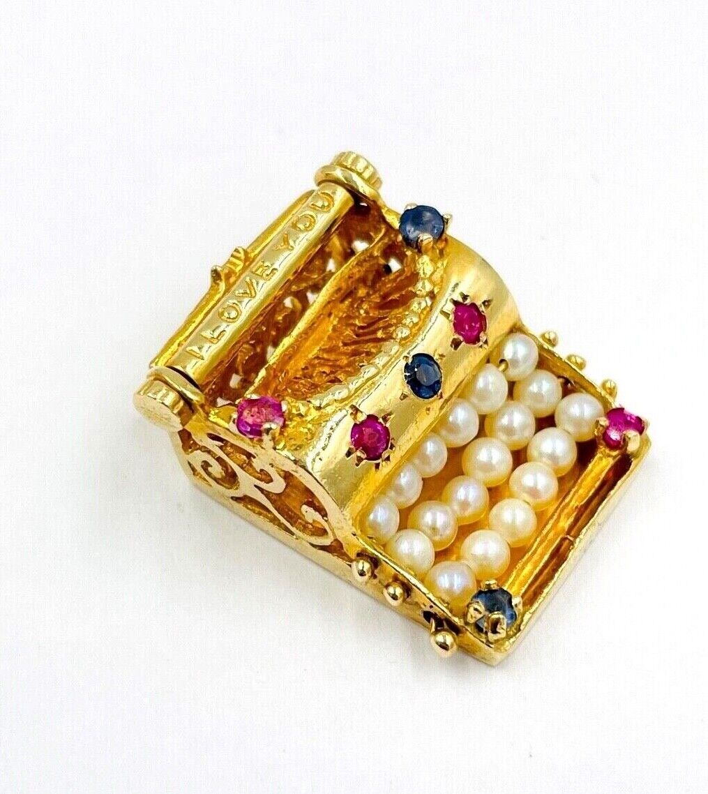 Vintage 14K Yellow Gold Pearl Ruby Sapphire Typewriter Charm I Love You