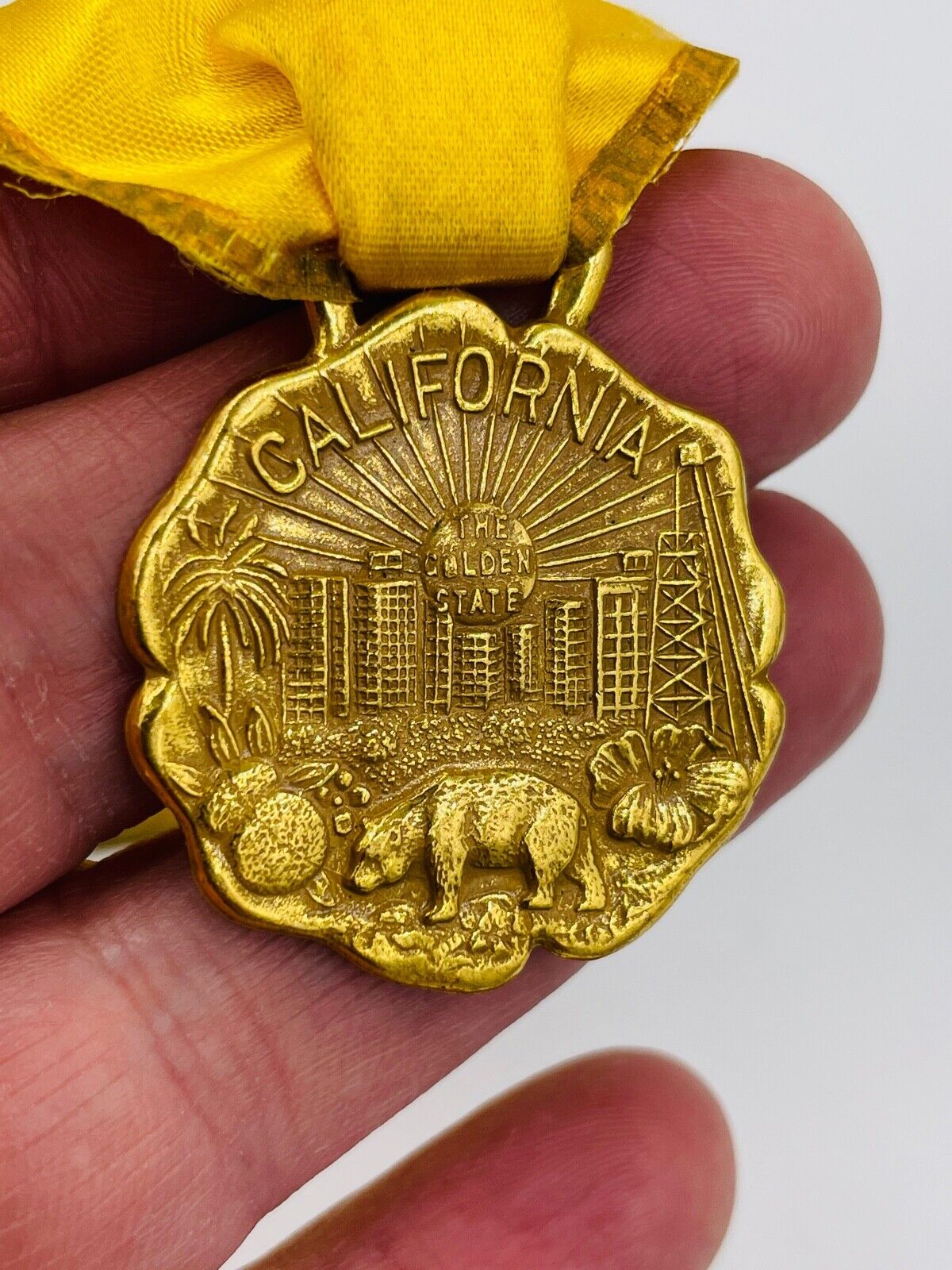 Vintage 1955 Gold Filled California Pomona County Fair Badge Medallion Ribbon