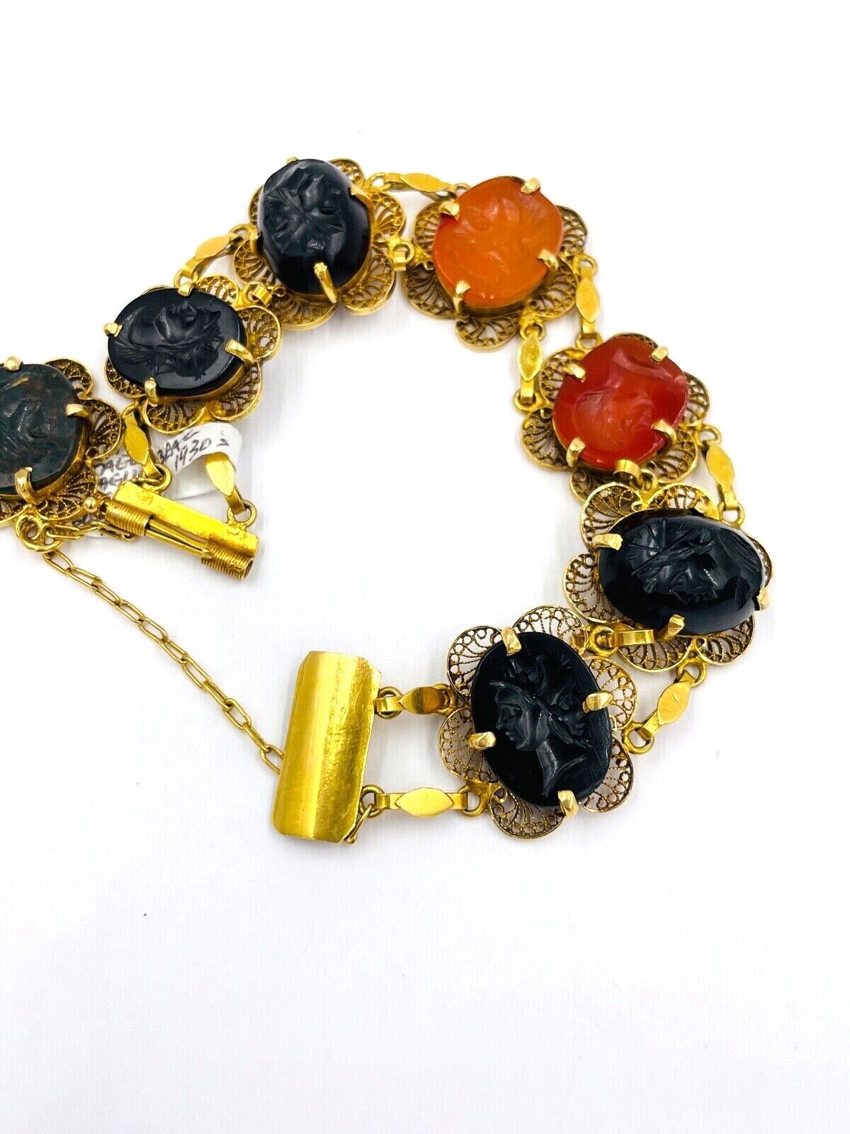 Art Deco 18k gold Intaglio filigree bracelet Bloodstone Carnelian