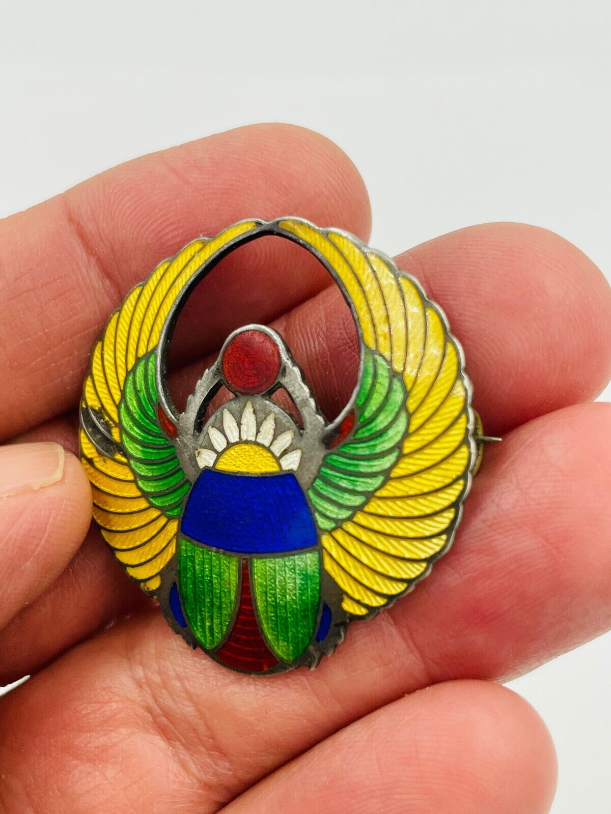 Shepard Mfg Co Sterling and Cloisonne Enamel Deco Egyptian Revival Winged Scarab