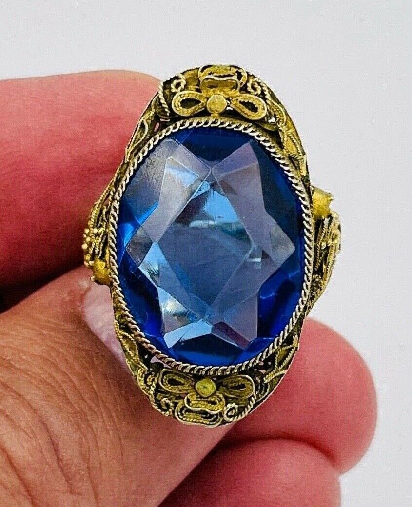 Antique Chinese Sterling Silver Filigree blue stone Ring Size 9 Adjustable