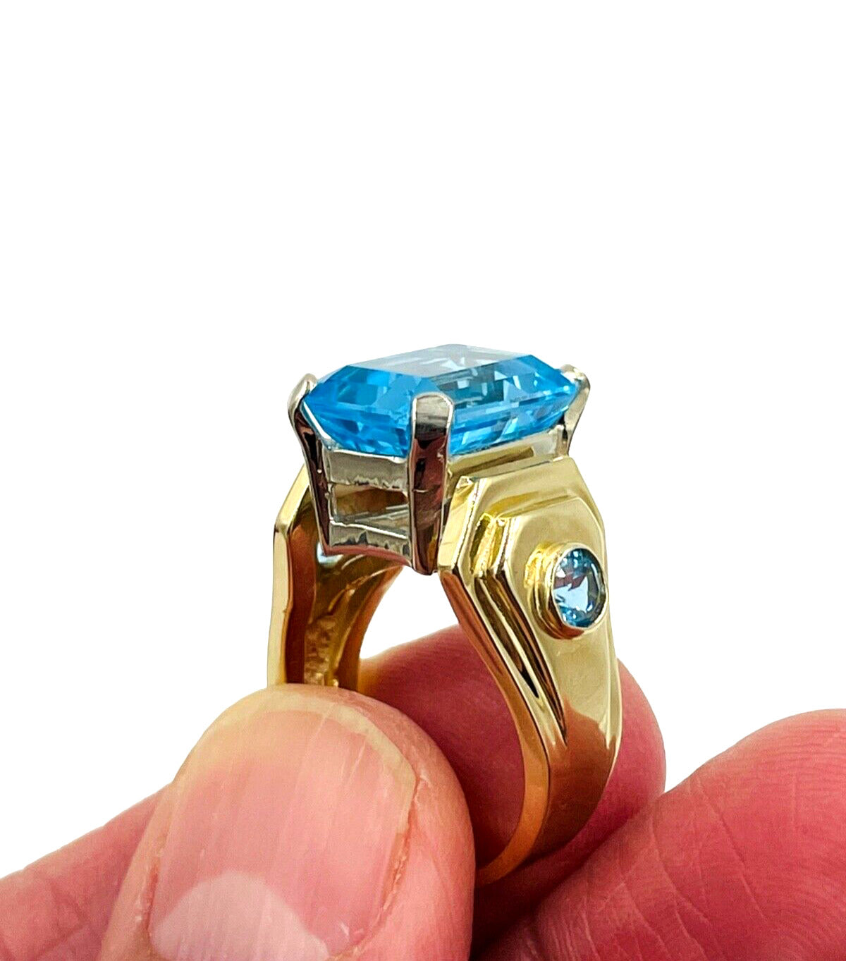 Designer 14K yellow Gold  Emerald Cut Blue Topaz Cocktail Ring