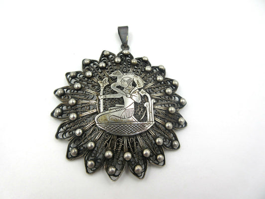 Antique 800 Silver  Egyptian African Filigree Medallion Pendant