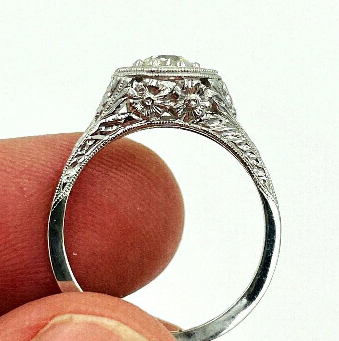 Art Deco 18K White Gold hand etched Diamond solitaire Ring .51ct