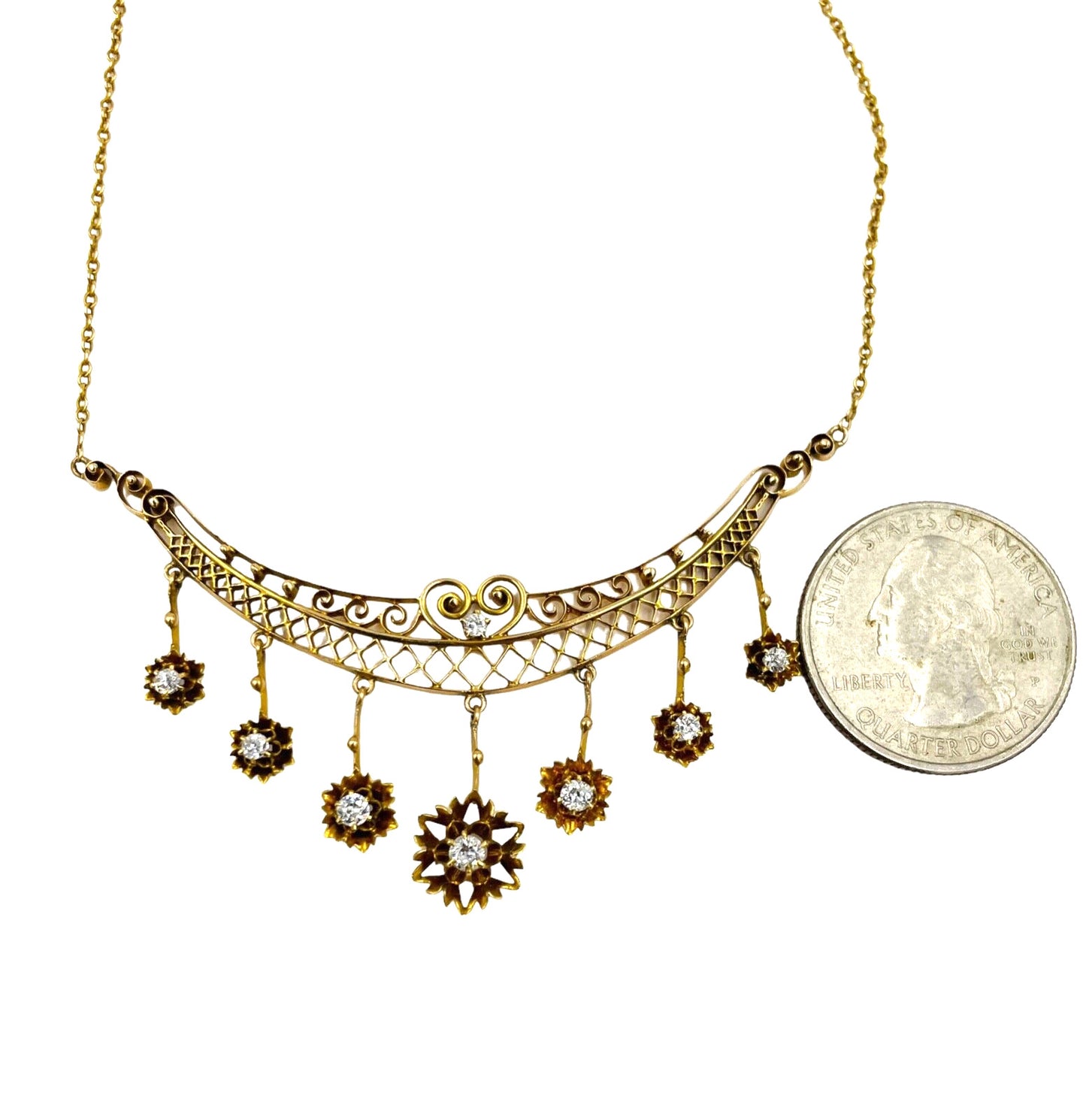 Antique 14k yellow Gold Diamond flower  drop Necklace