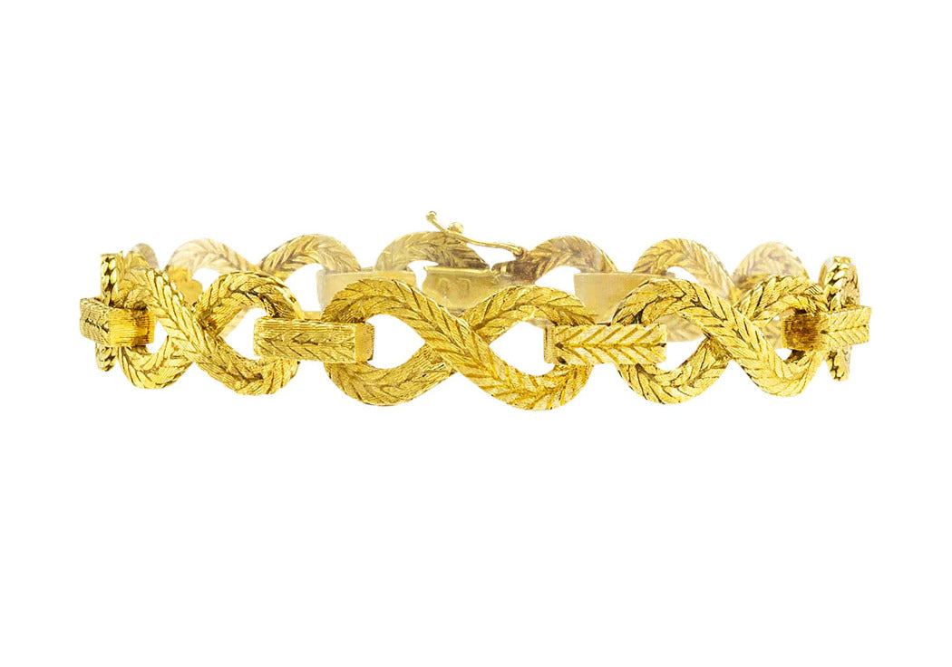 18k Engraved Herringbone Pattern Infinite link Yellow Gold Link Bracelet