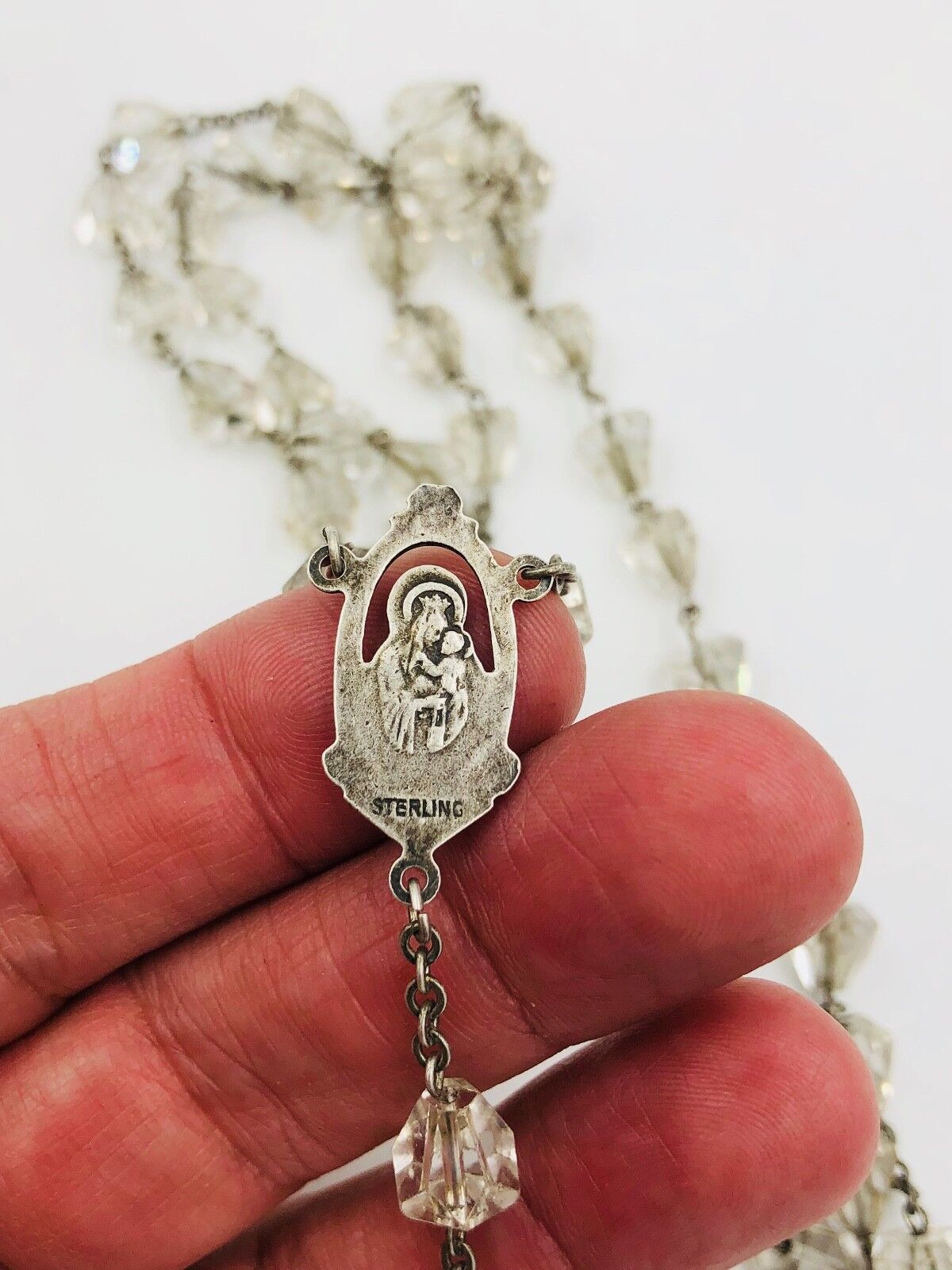 Antique Sterling Silver Religious Catholic Faceted Crystal Glass Bead Rosary