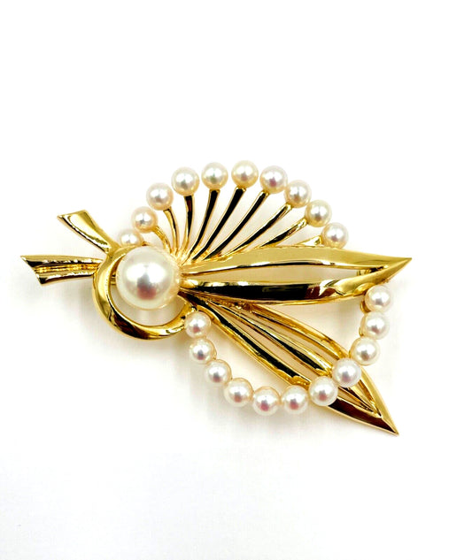 Mikimoto Yellow Gold Pearl Brooch Pin Mid Century