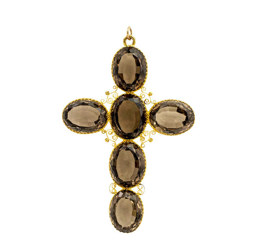 Victorian Smoky Quartz Gold Cross Pendant Large