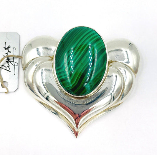 NOS Designer Rigoberto Sterling Silver Malachite Heart Brooch pin with tag
