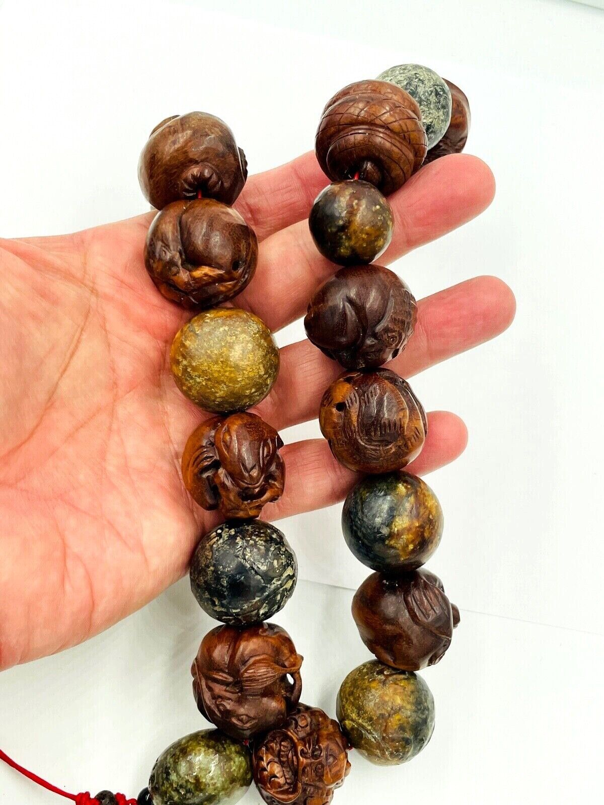 Vintage Chinese Hand Carved Zodiac Prayer Beads heavy wood