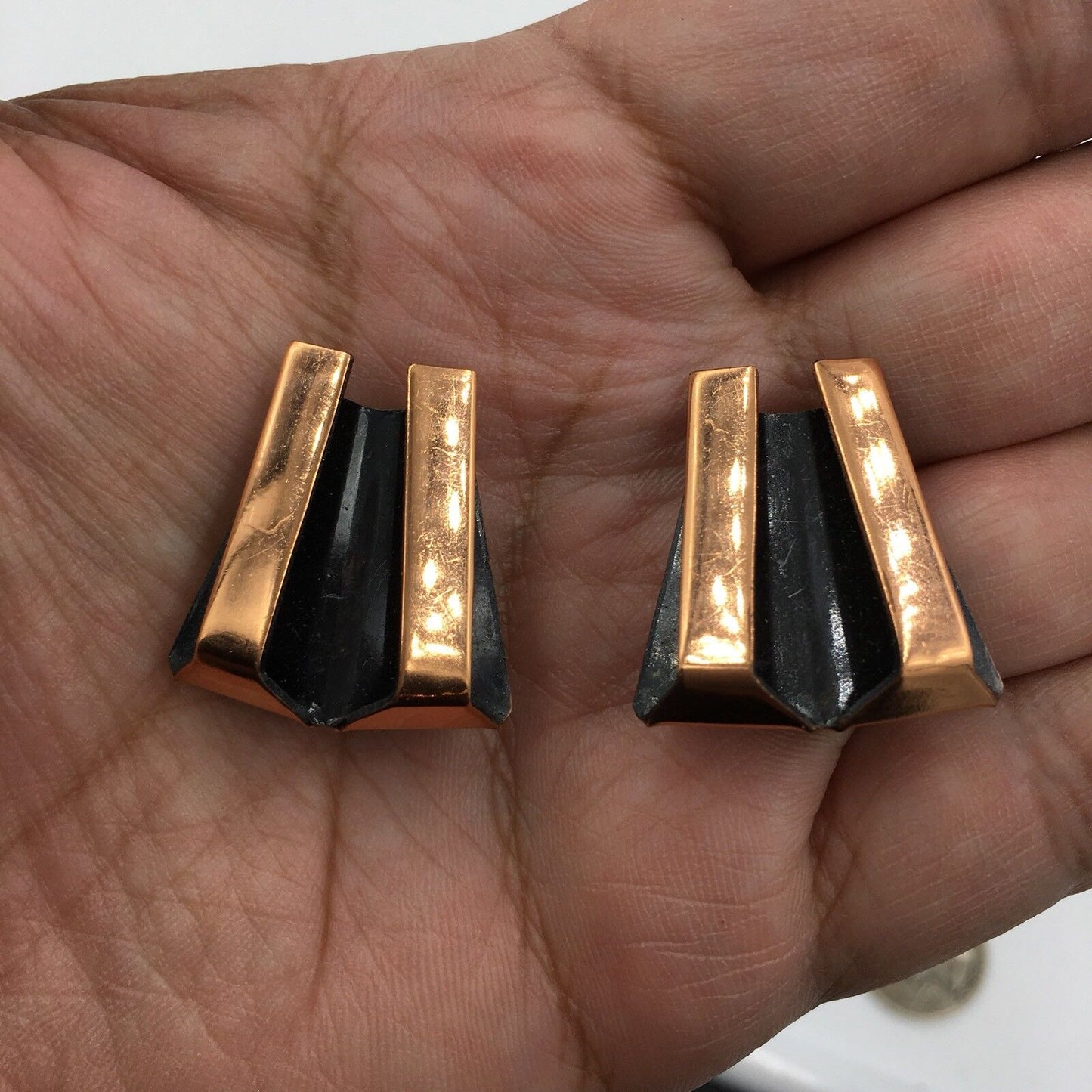 Vintage Renoir Modernist Copper Oxidized Black Clip On Earrings Bracelet Set