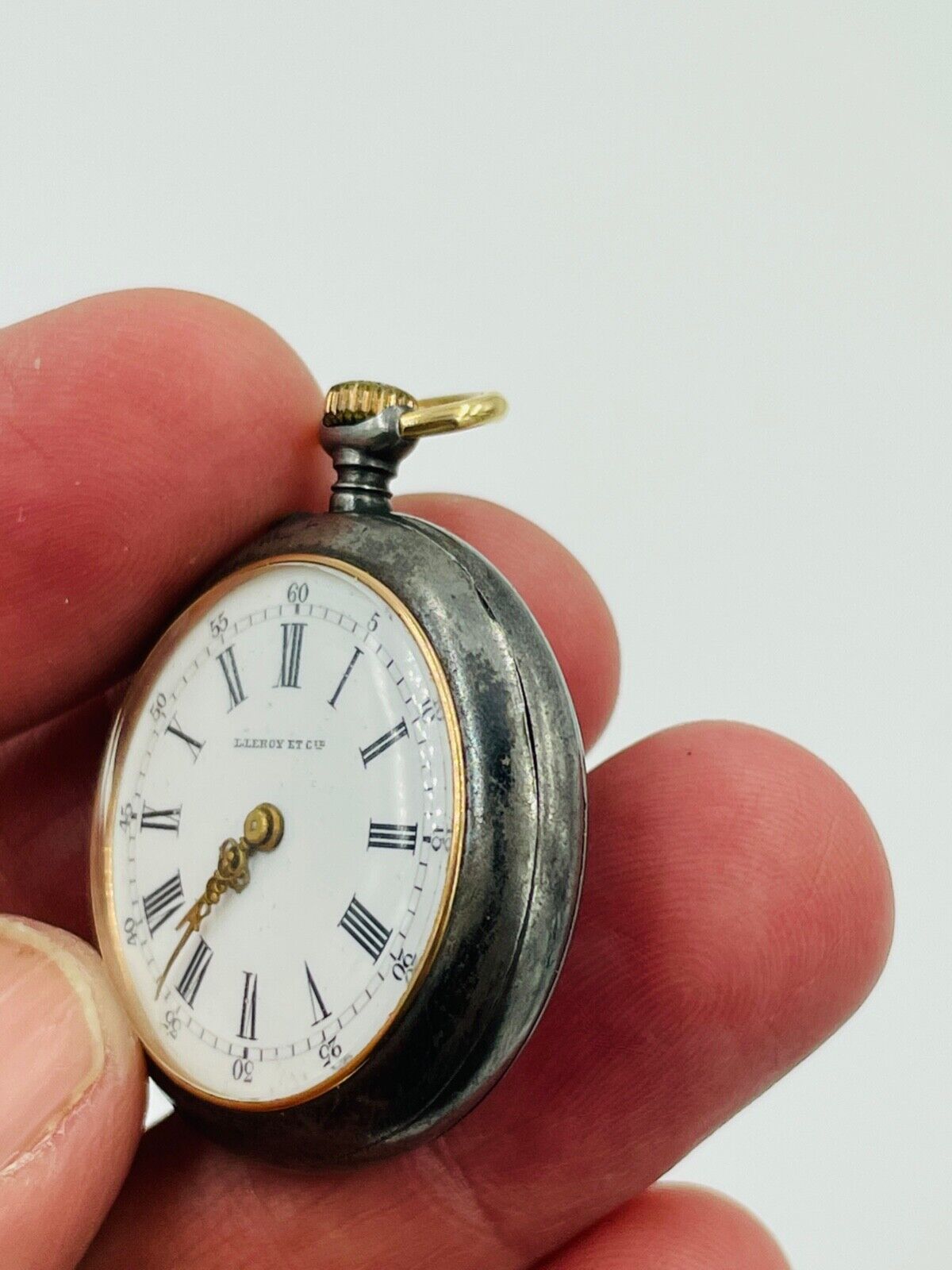 Antique Leroy & Cie Paris Mechanical Pocket Watch Gun Metal with Diamonds