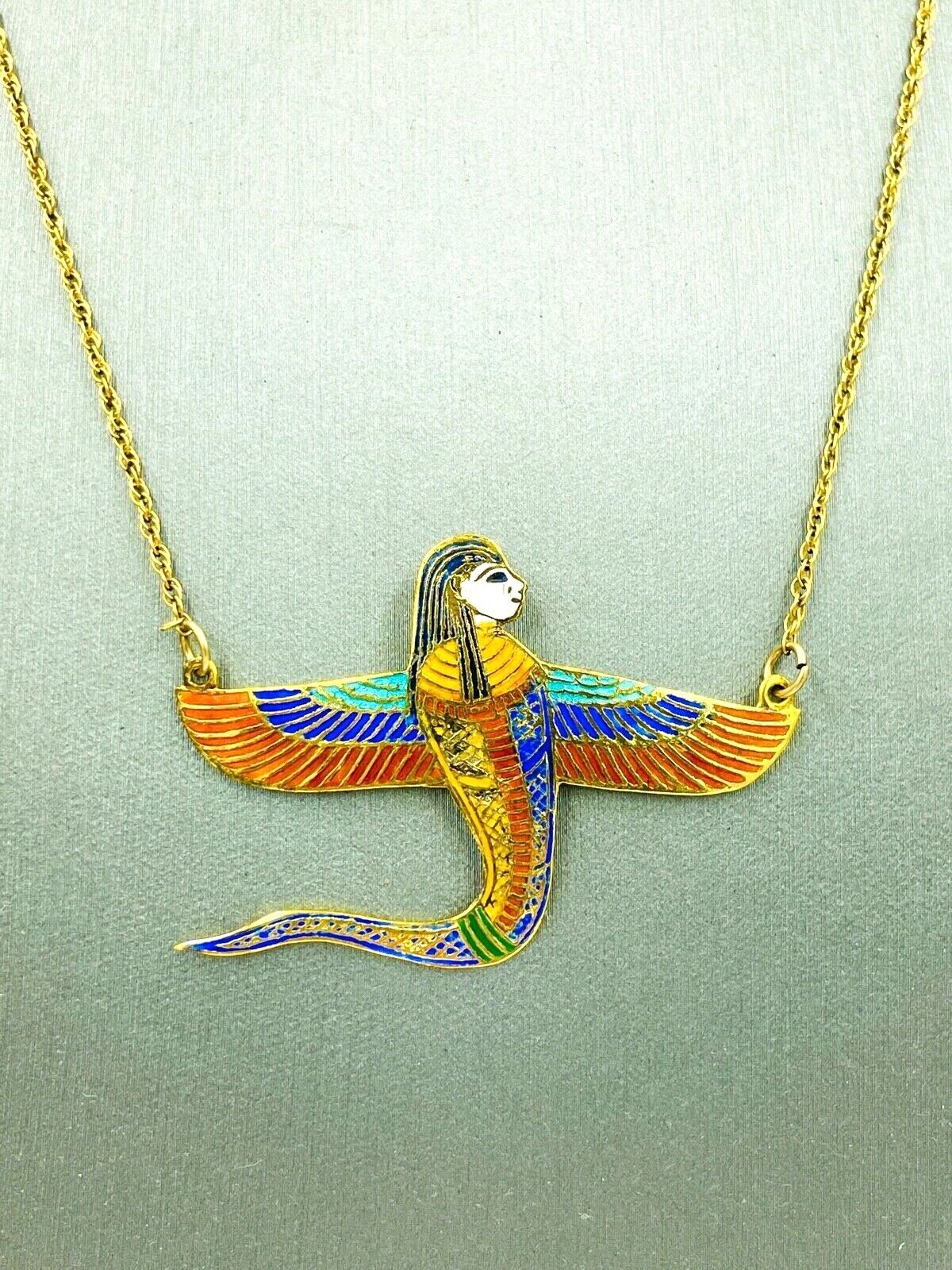 Vintage Egyptian Collection Sterling Silver Enamel Wadjet Goddess Necklace