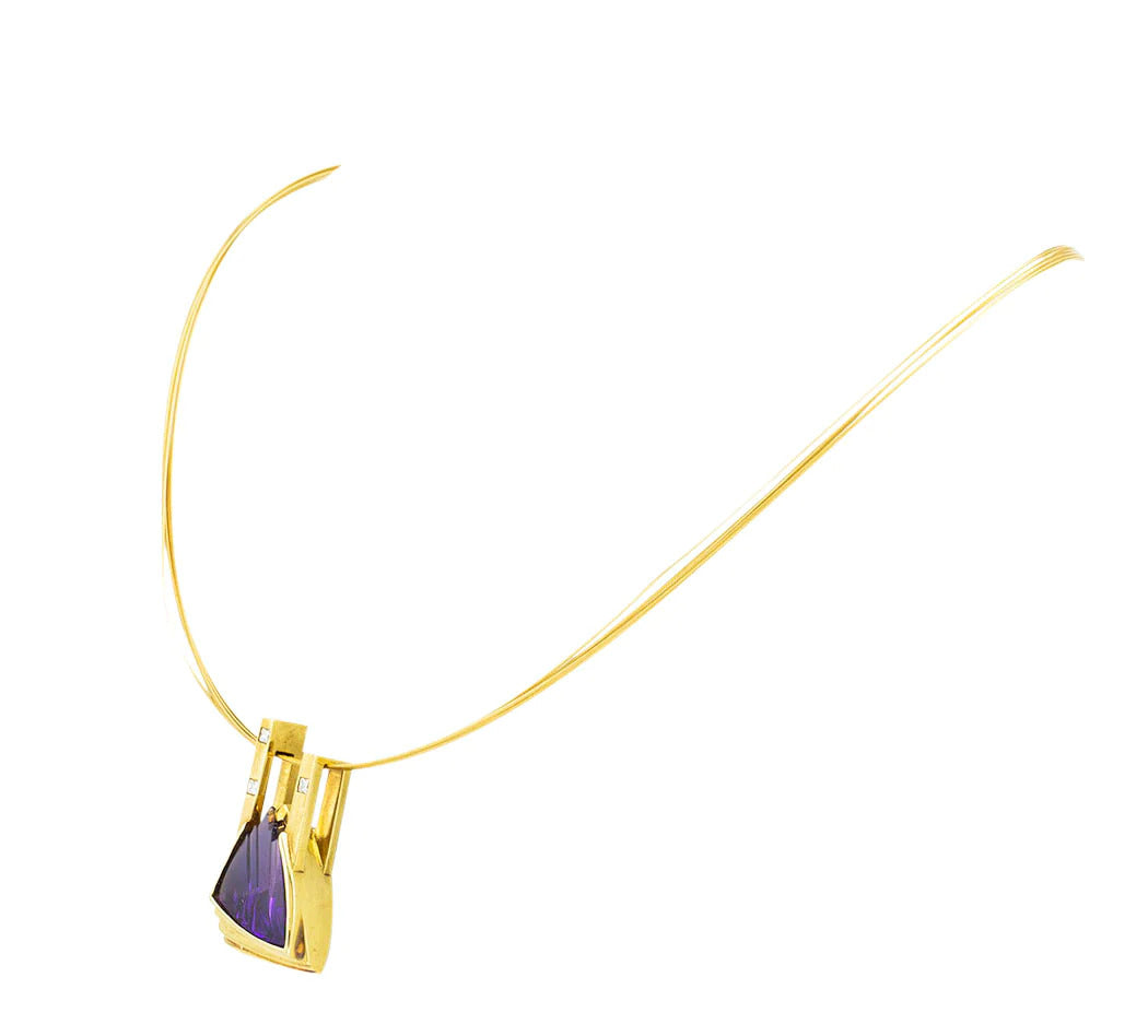 Estate Fantasy Cut Amethyst Princess Cut Diamond 18k Yellow Gold Necklace