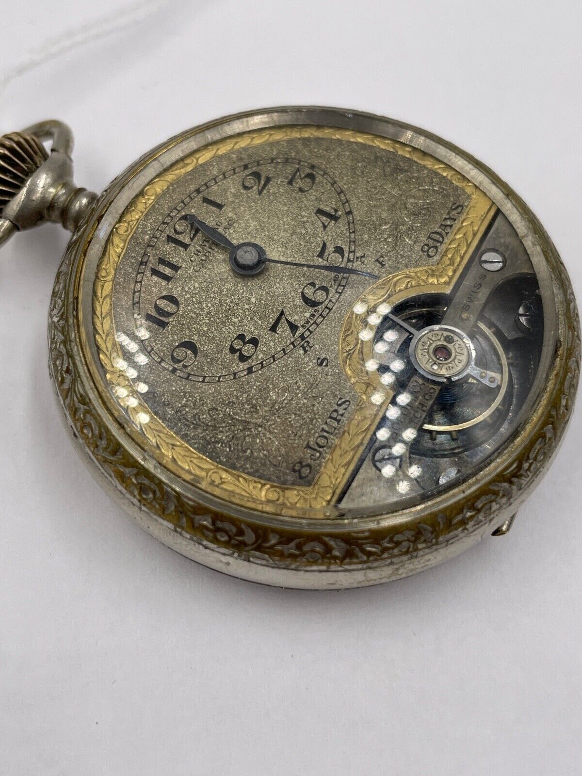 Solomax Chateau Cadillac 8 Day Pocket Watch Openscape Engraved case Rare