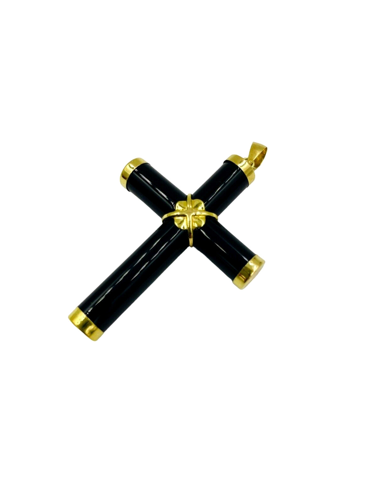 Vintage 14k yellow Gold Onyx flower Cross pendant double sided