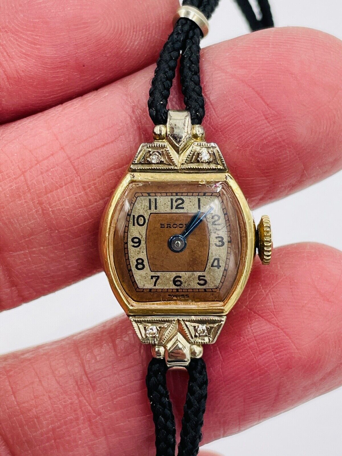 Art Deco Helbros Brooks 14k gold watch with Diamonds working