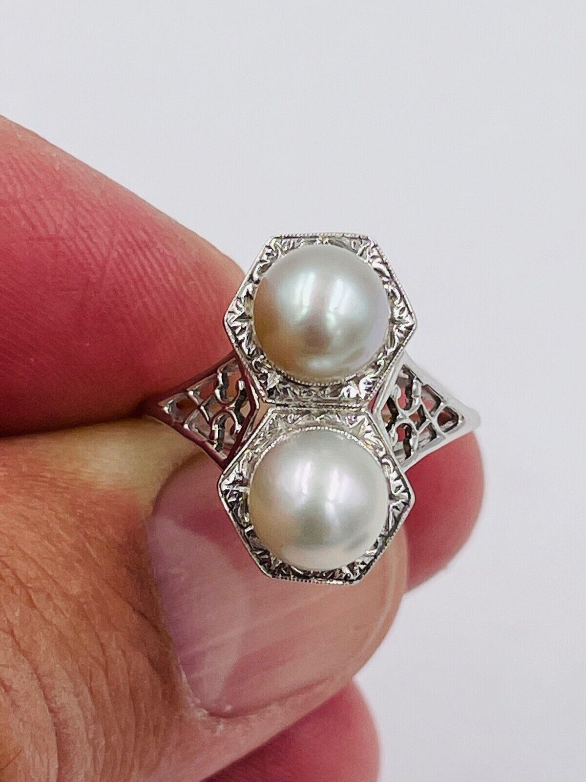 Vintage 14K White Gold Filigree double Pearl Ring Art Deco