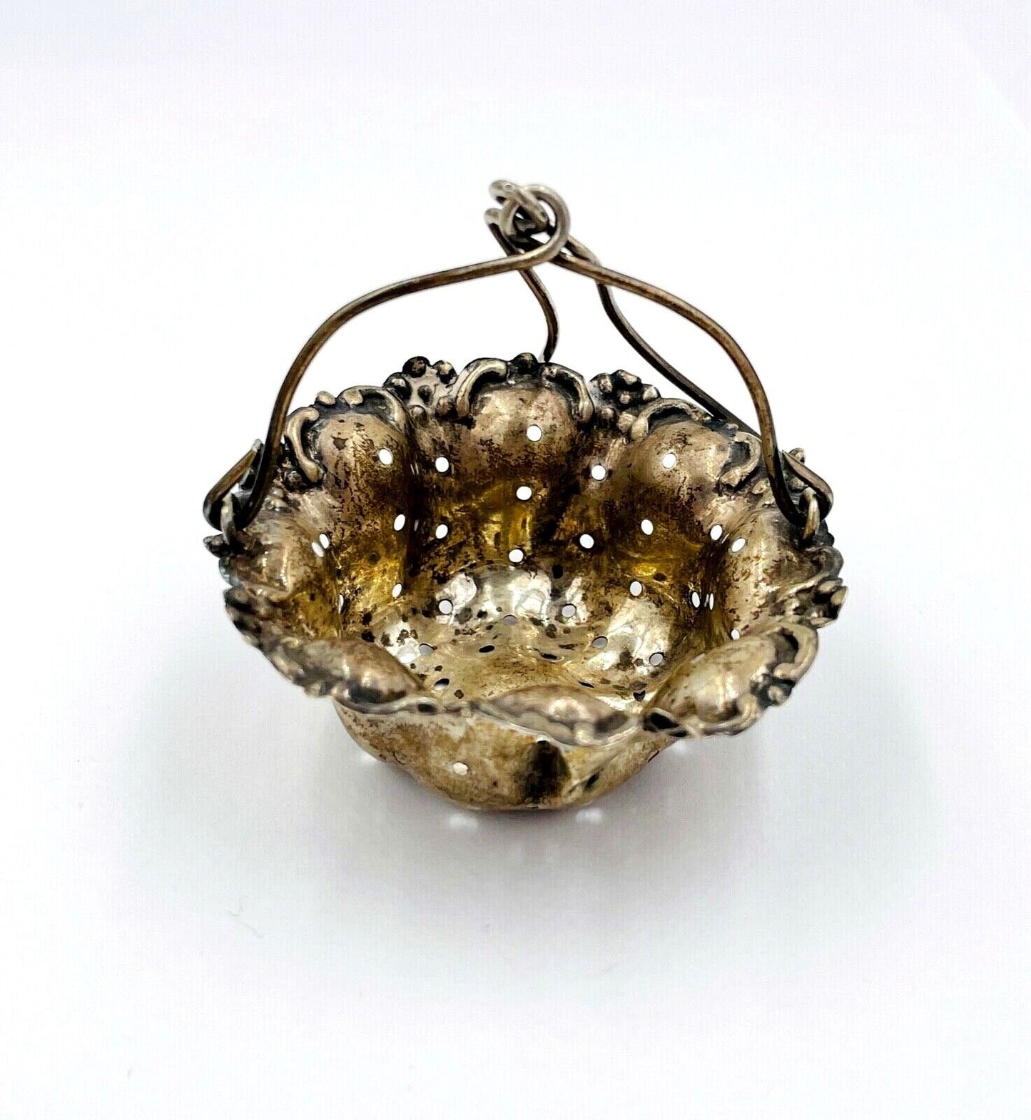 Ornate Tea Strainer Basket Spout Insert Repousse Sterling Silver Blackinton 1900
