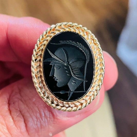 14k Gold Intaglio Ring Roman Soldier Black Onyx Sz 4.5 Vintage