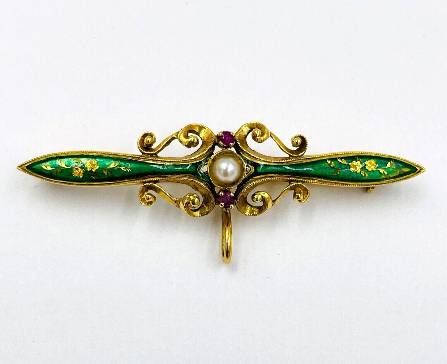 Vintage 18k Gold Enamel Pearl and Ruby Brooch Bar Pin with hook