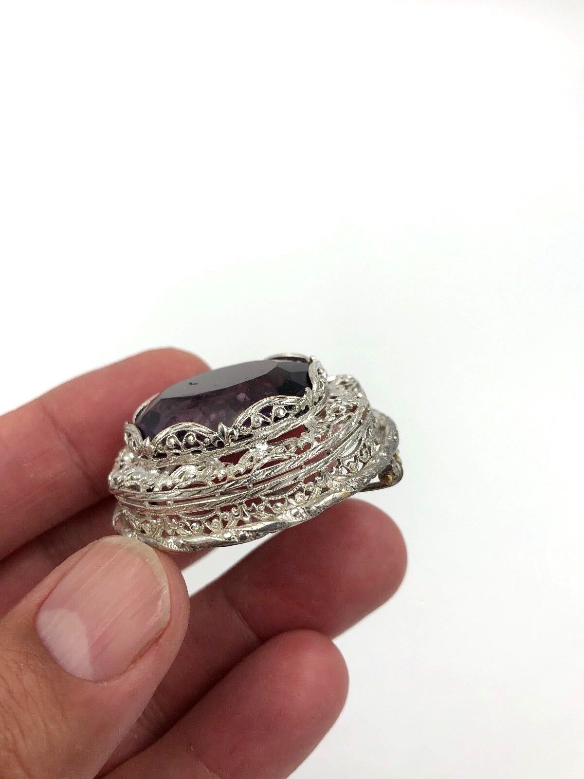 Victorian Filigree Sterling Silver Amethyst glass Brooch Pin