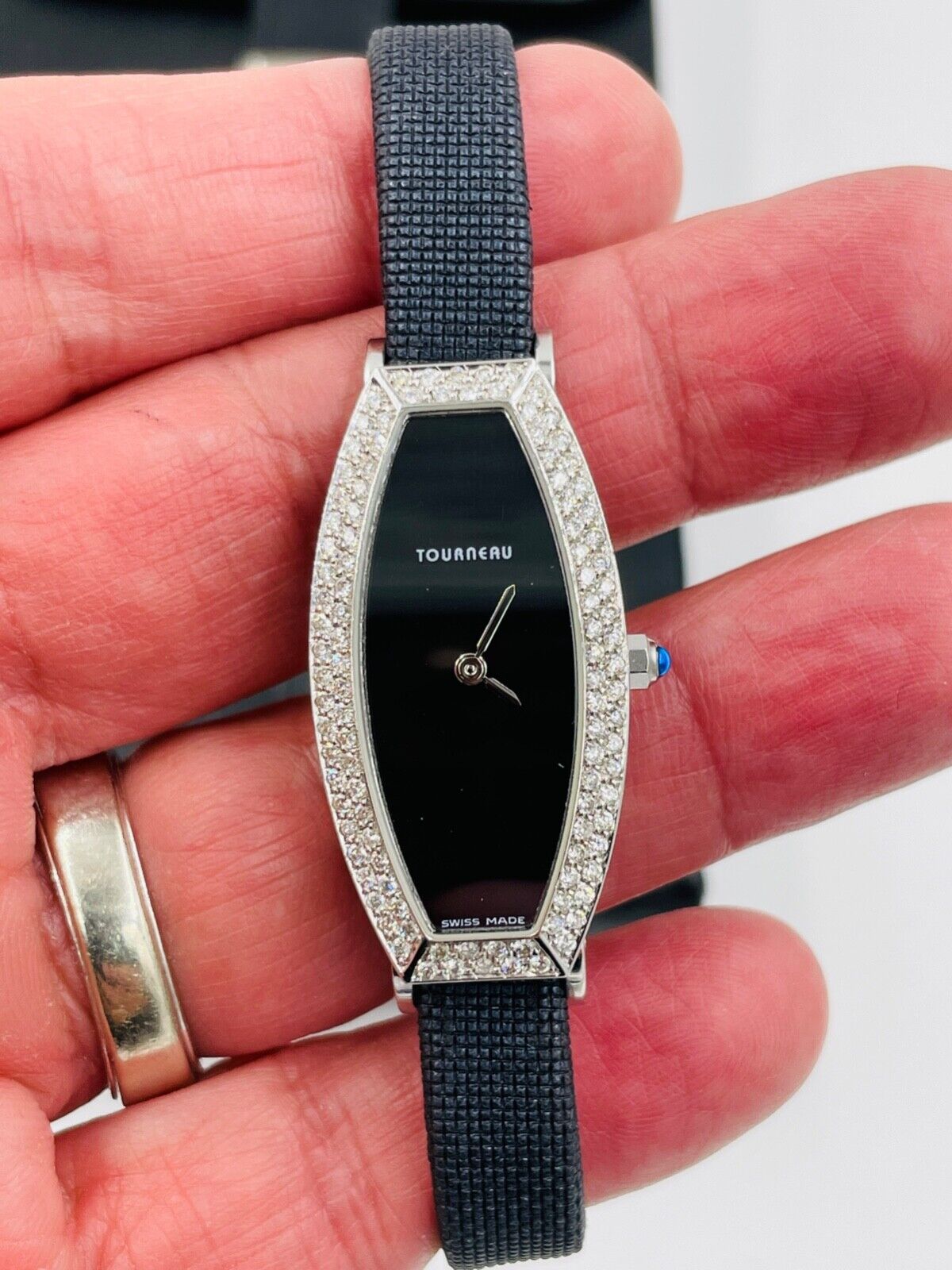 Tourneau 18k white Gold Diamond Bezel Lady's Watch, c. 2008 Black Dial