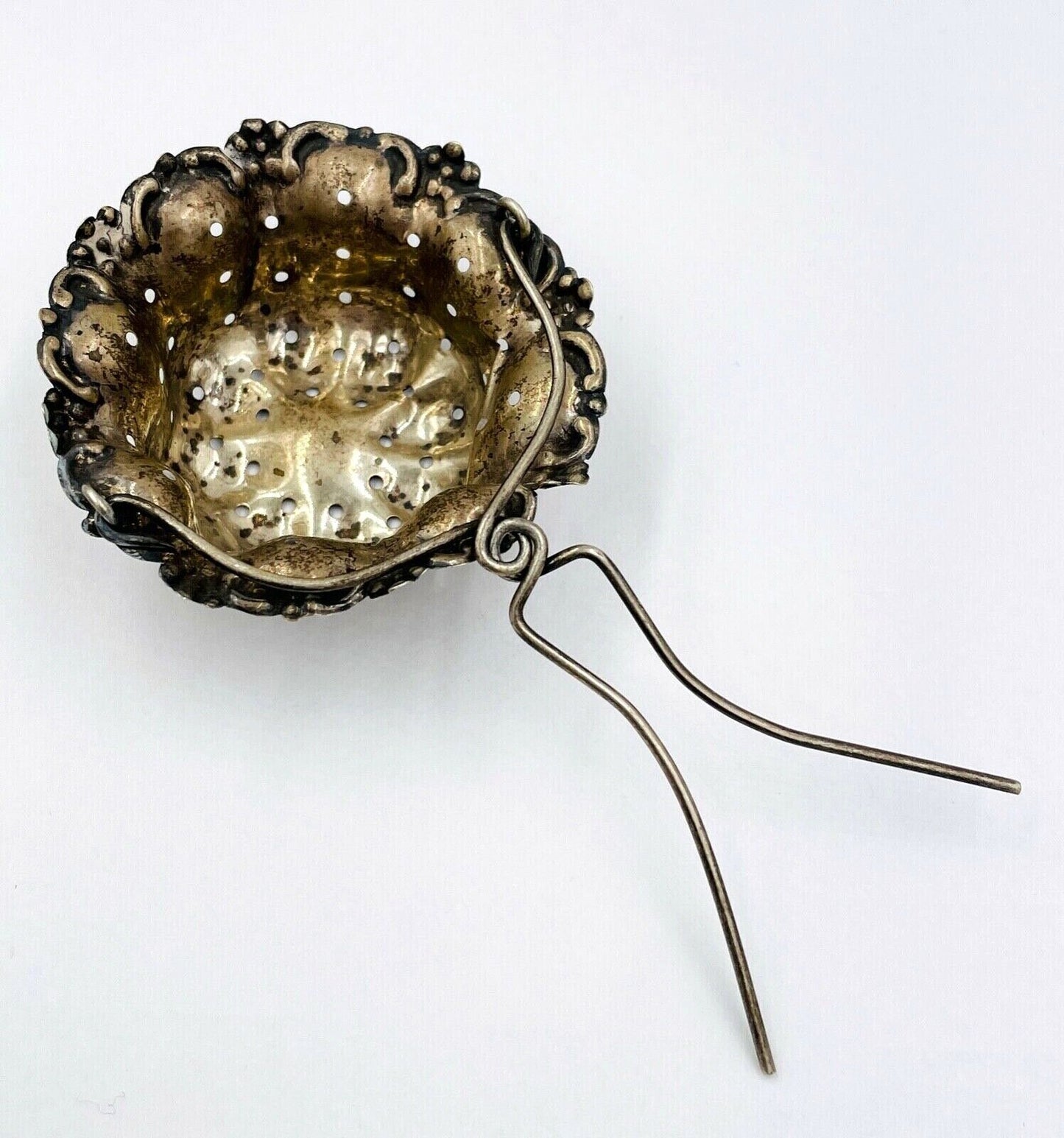 Ornate Tea Strainer Basket Spout Insert Repousse Sterling Silver Blackinton 1900