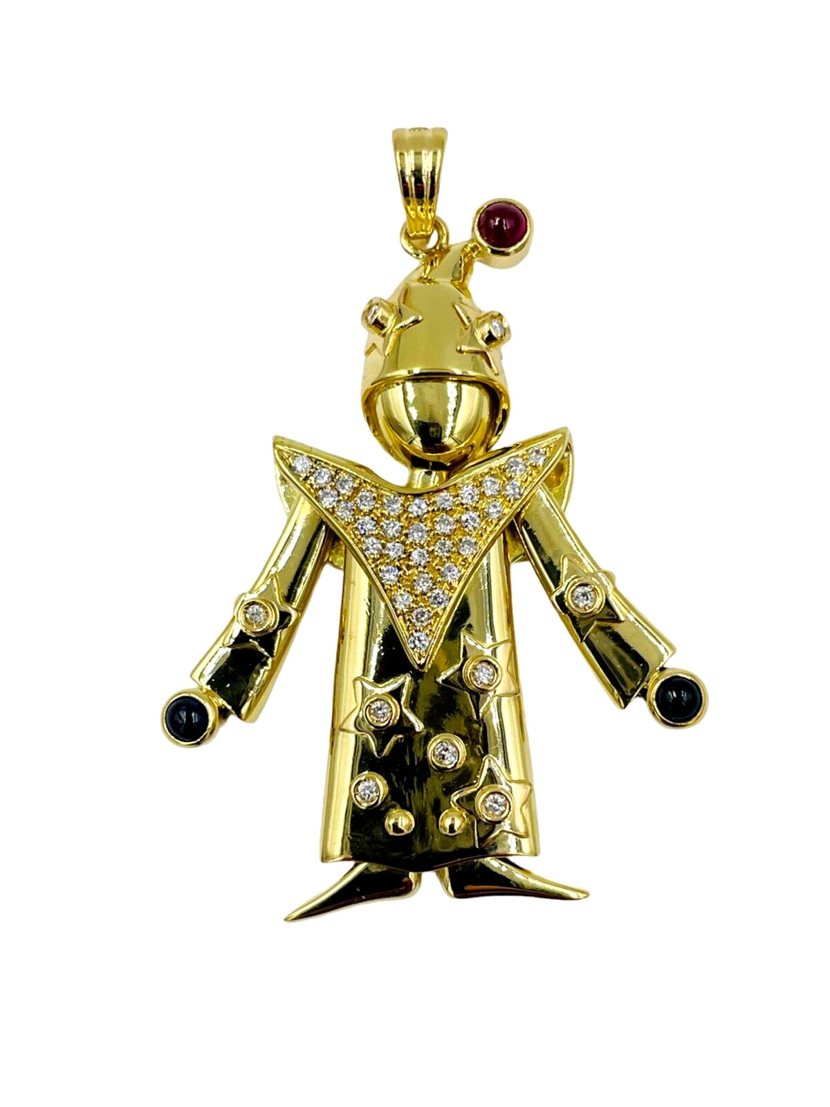 18K Yellow Gold Articulated Wizard with Diamonds and Ruby Pendant