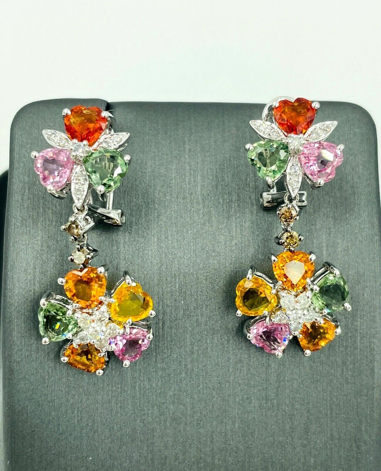14k white gold Sapphire Diamond flower dangle earrings 8.ct Hearts Sonia Bitton
