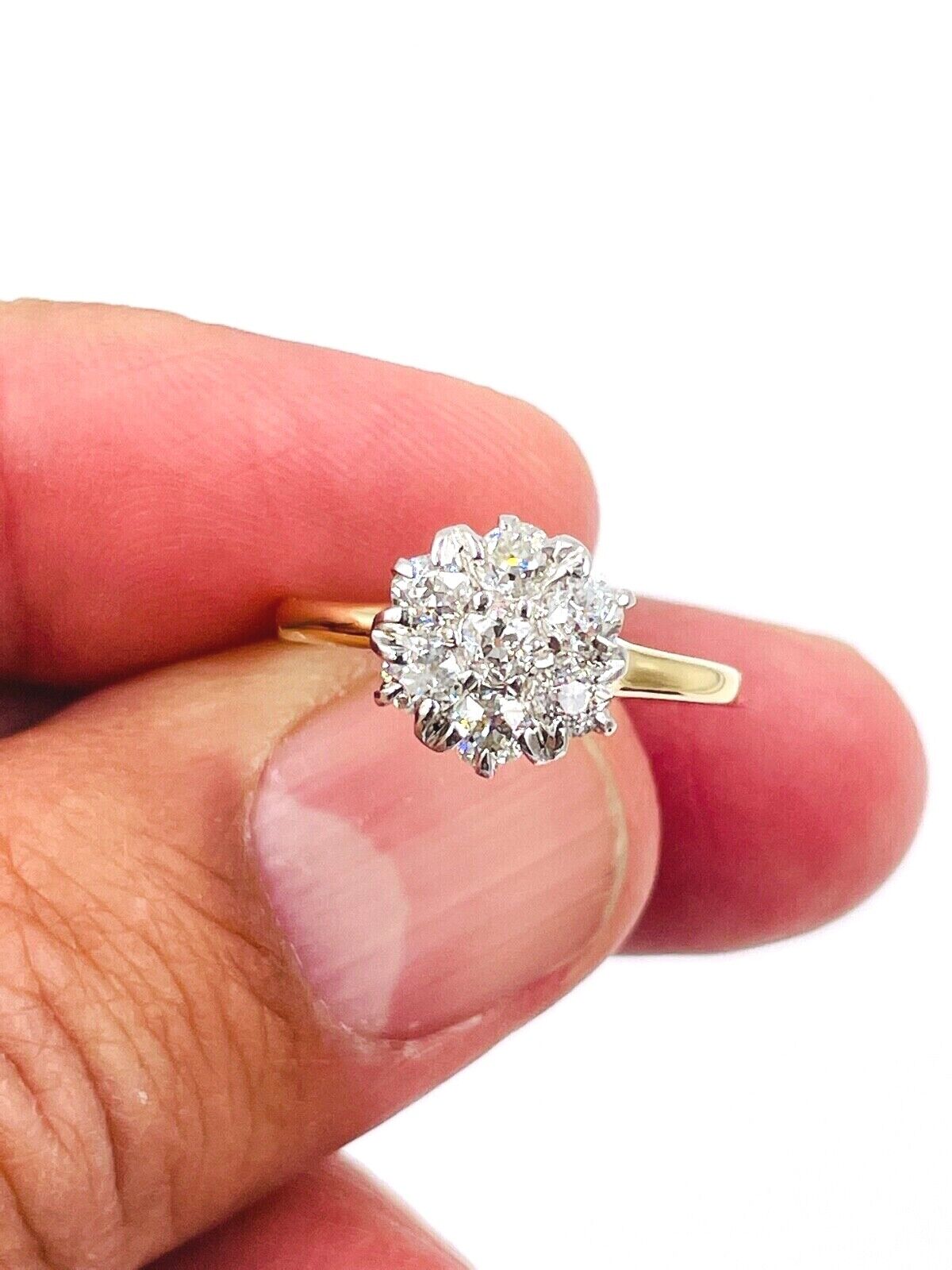 Edwardian 14K Gold Platinum Diamond Cluster Flower Ring Old Mine Cut VS
