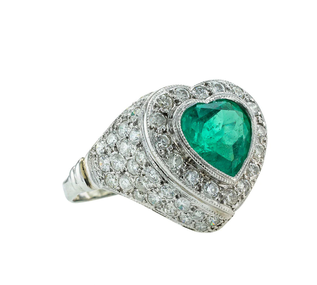 Estate Heart Shaped Emerald and Diamond Platinum Cocktail Ring