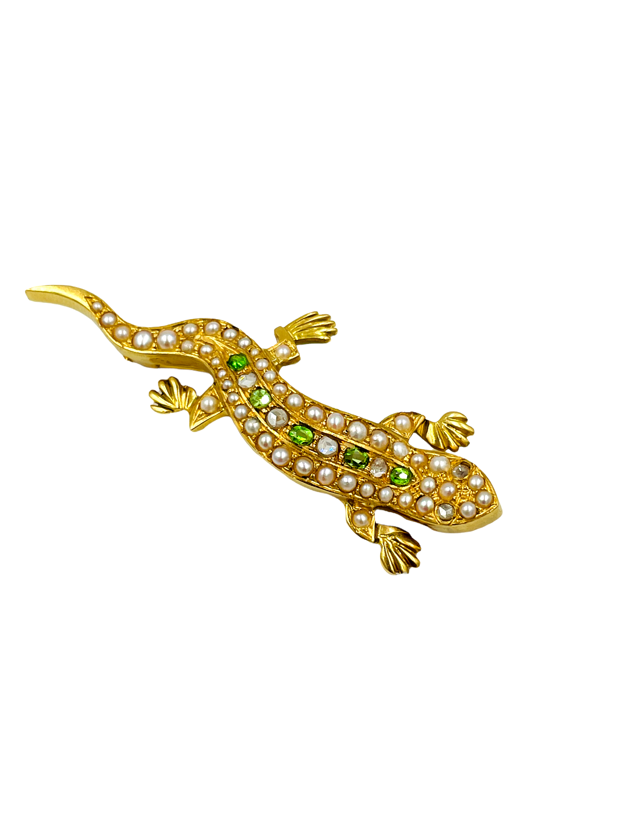 Victorian 18k gold Salamander Demantoid and rose cut Diamond Brooch pin