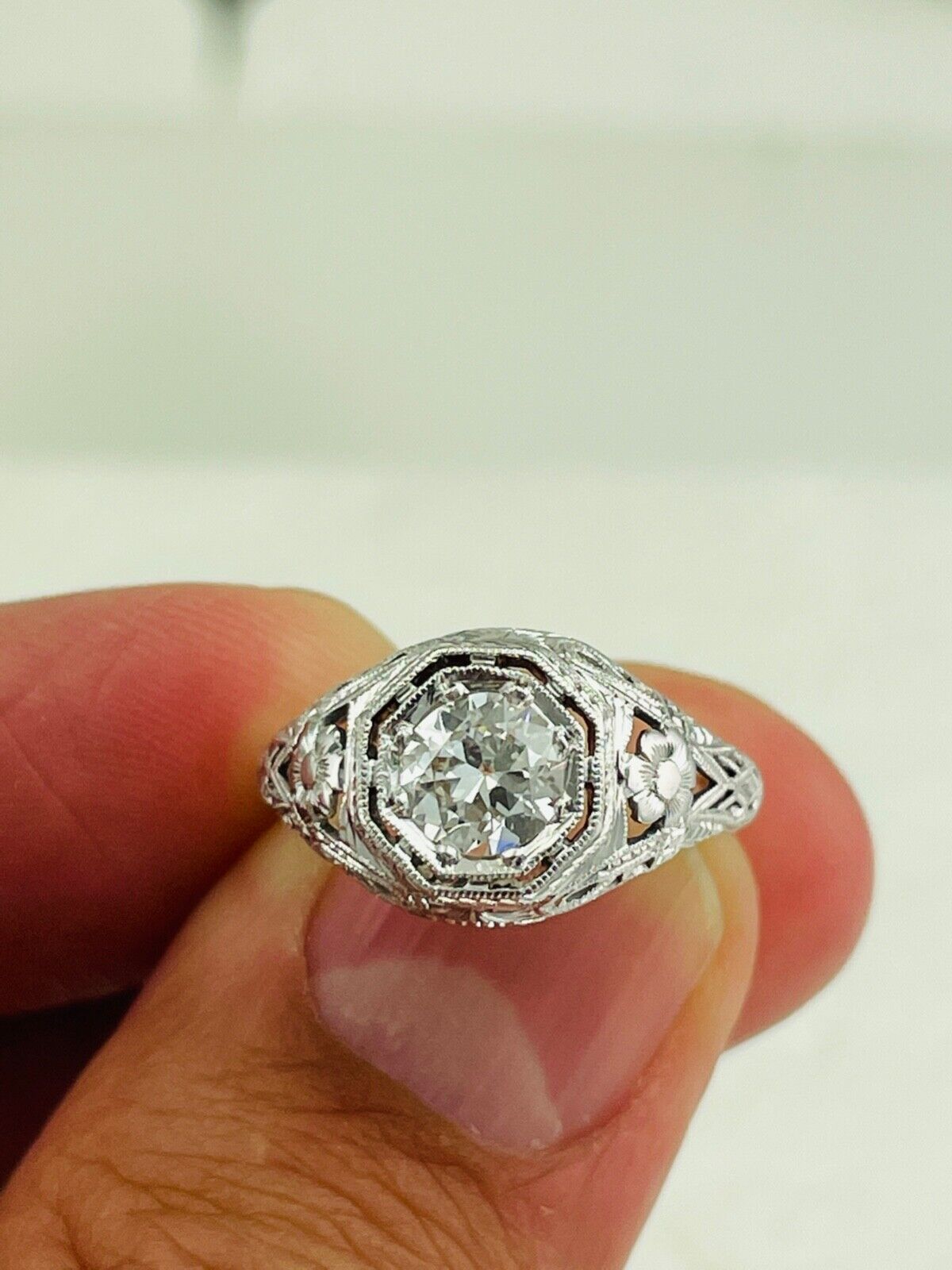 Art Deco 14K White Gold .70ct Old Euro Diamond Filigree Ring