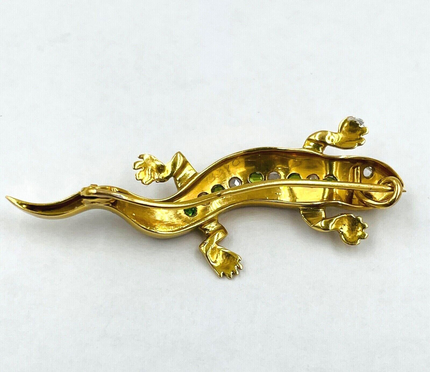 Victorian 18k gold Salamander Demantoid and rose cut Diamond Brooch pin