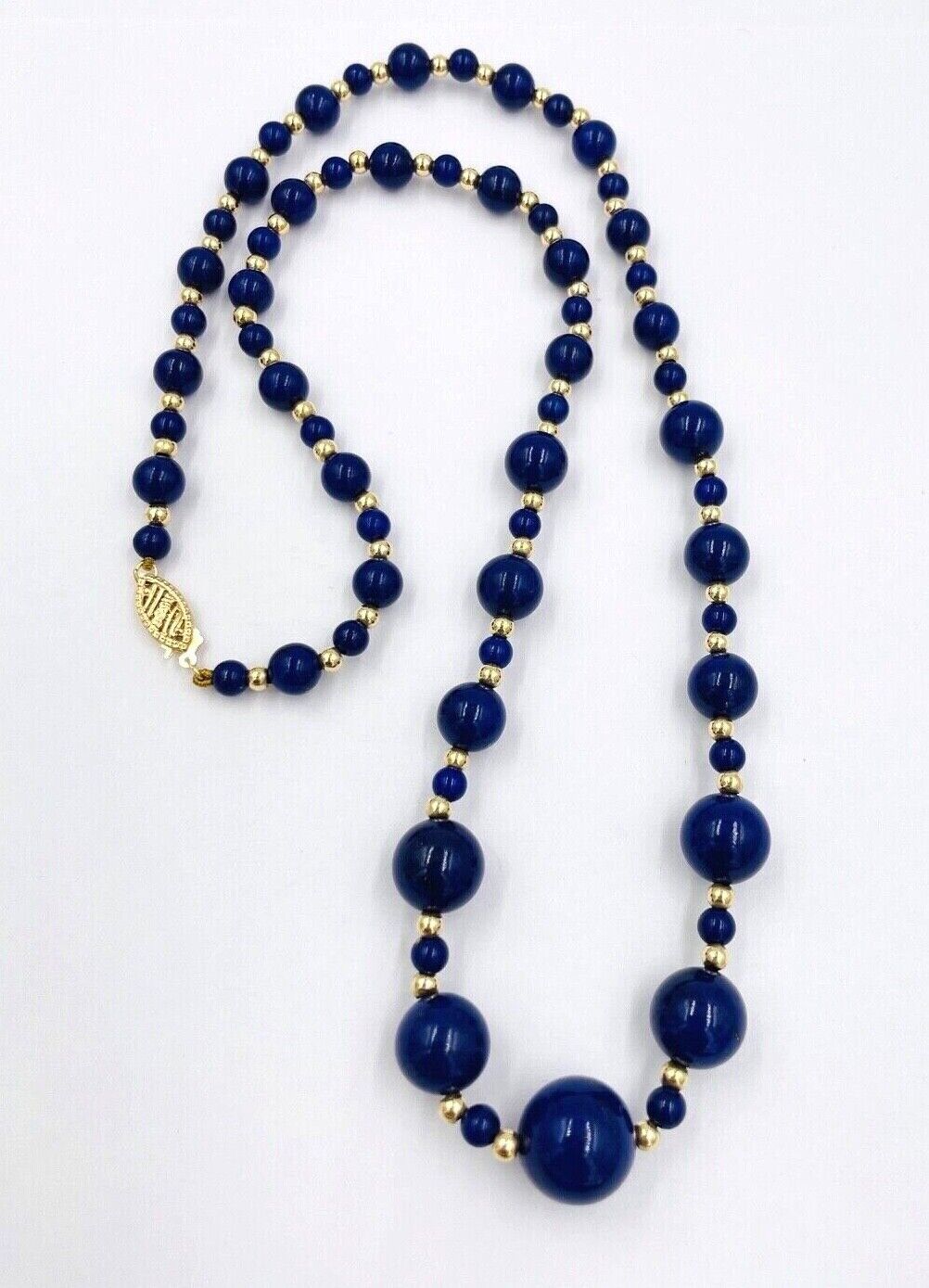Vintage Estate Lapis Lazuli Bead Necklace 14k Yellow Gold 20"