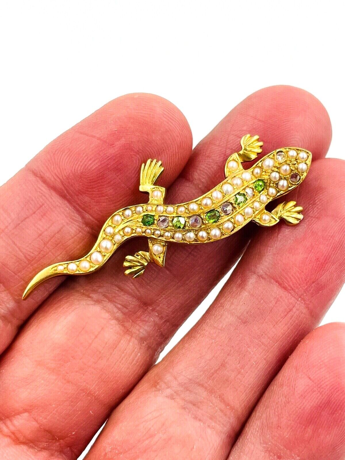 Victorian 18k gold Salamander Demantoid and rose cut Diamond Brooch pin