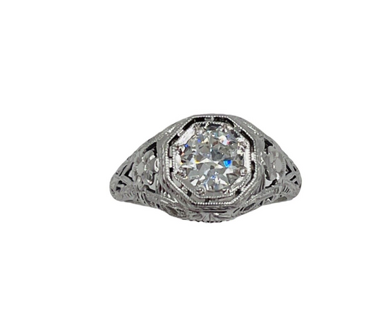 Art Deco 14K White Gold .70ct Old Euro Diamond Filigree Ring