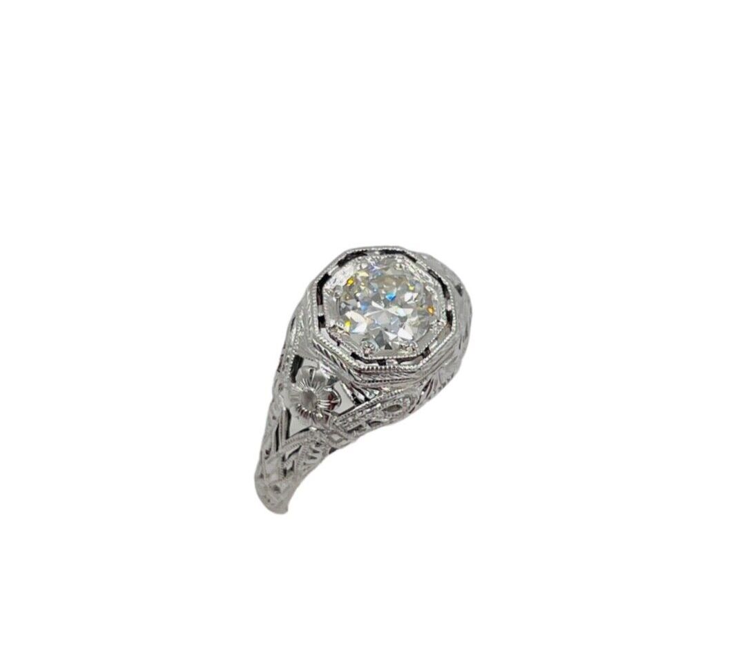Art Deco 14K White Gold .70ct Old Euro Diamond Filigree Ring