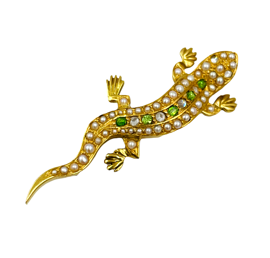 Victorian 18k gold Salamander Demantoid and rose cut Diamond Brooch pin